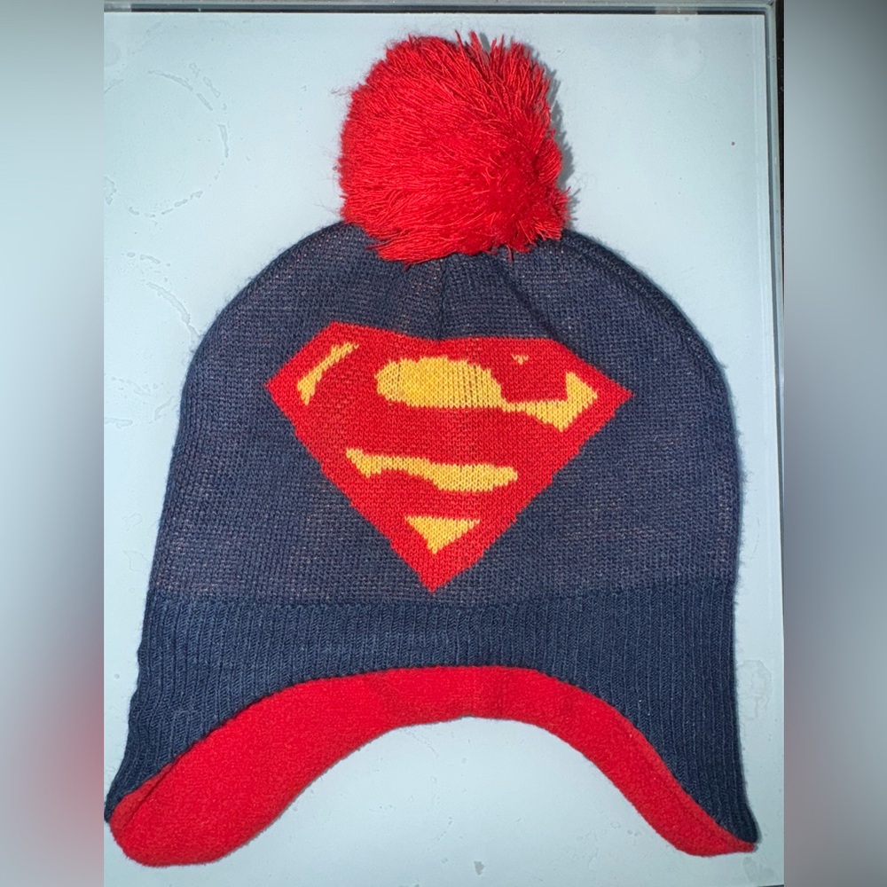 Superman Logo Knit Beanie with Pom for Baby